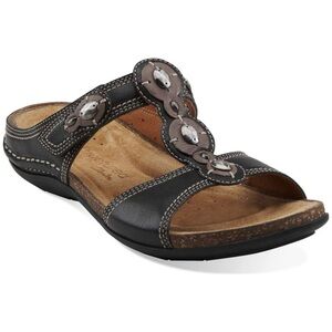 Clarks Unstructured Unsurf Women’s Black Leather Slide Sandals 64045, Sz 10